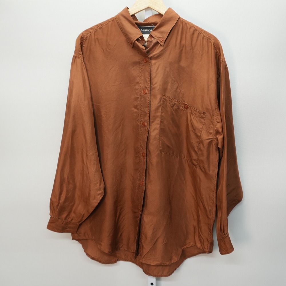 Vintage Maurices 100% Silk Button Down Shirt Rust Brown Long Sleeve XL